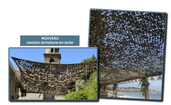 filet ombrage câble acier armature renforcée feuillage · filet camouflage anti-vent terrasse Bartavel