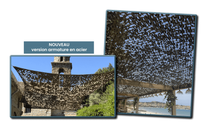 filet ombrage câble acier armature renforcée feuillage · filet camouflage anti-vent terrasse Bartavel